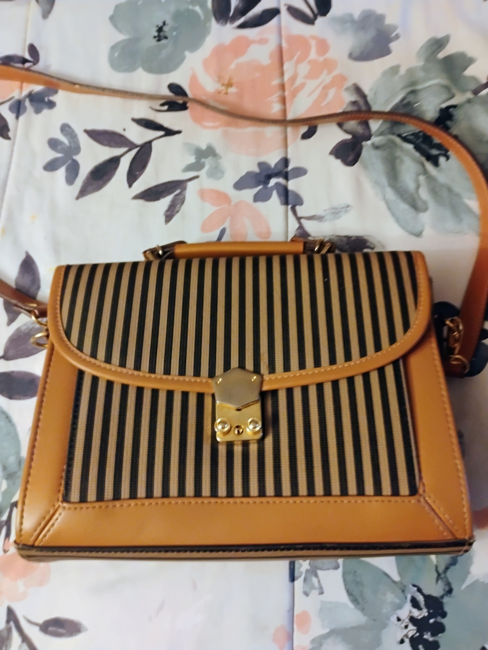 Striped Top-Handle Shoulder Bag in Tan and Black